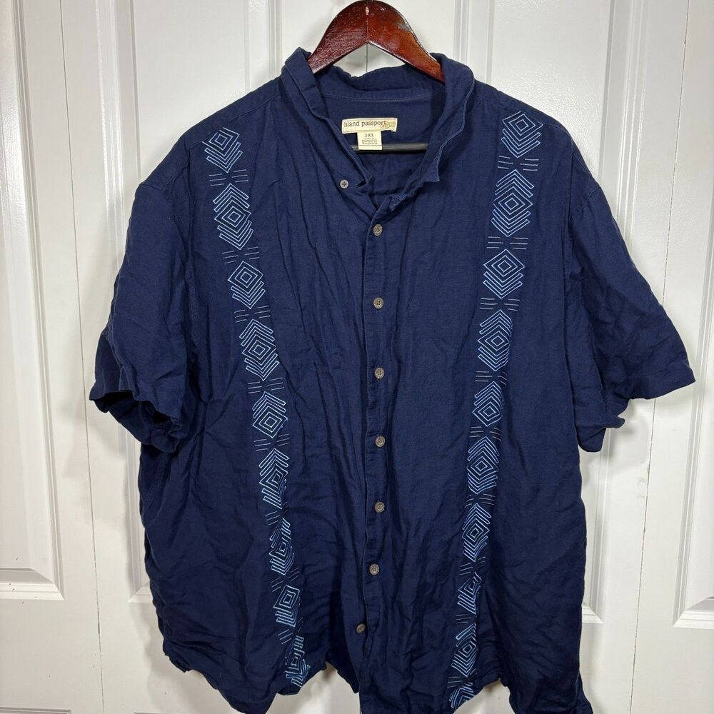 Island Passport 3XL Navy Blue Linen Blend Embroidered Button Up Shirt Men’s